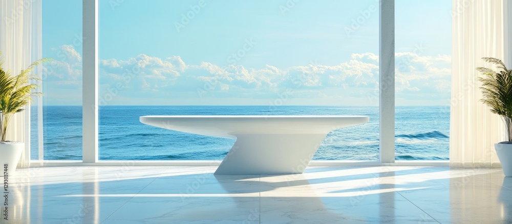 Aufkleber bright ocean view showcasing a minimalist white table against a backdrop of clear blue waters and cl