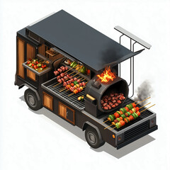 A 3D BBQ food truck with skewers grilling over an open flame, smoke rising from the grill, and fresh vegetables and meats ready to serve.