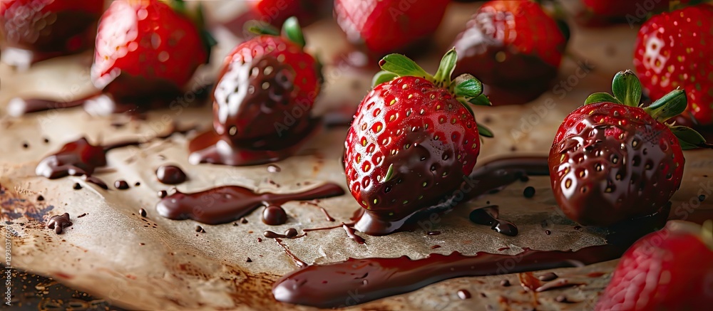 Poster chocolate dipped strawberries arranged on a baking sheet with dark chocolate drizzle background focu