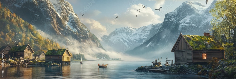 Poster serene lakeside view with traditional cabins surrounded by mountains and mist in the early morning l