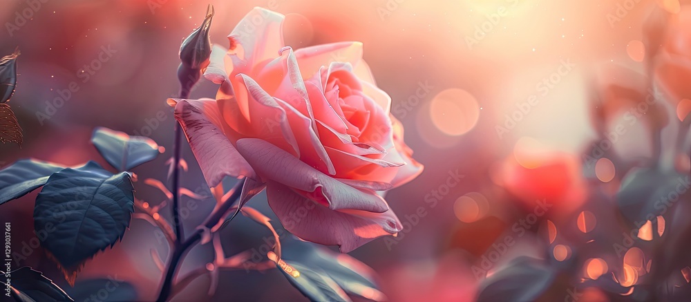 Poster Stunning macro shot of a pink rose showcasing intricate petal details with soft warm bokeh background and vibrant green leaves, beautifully lit.