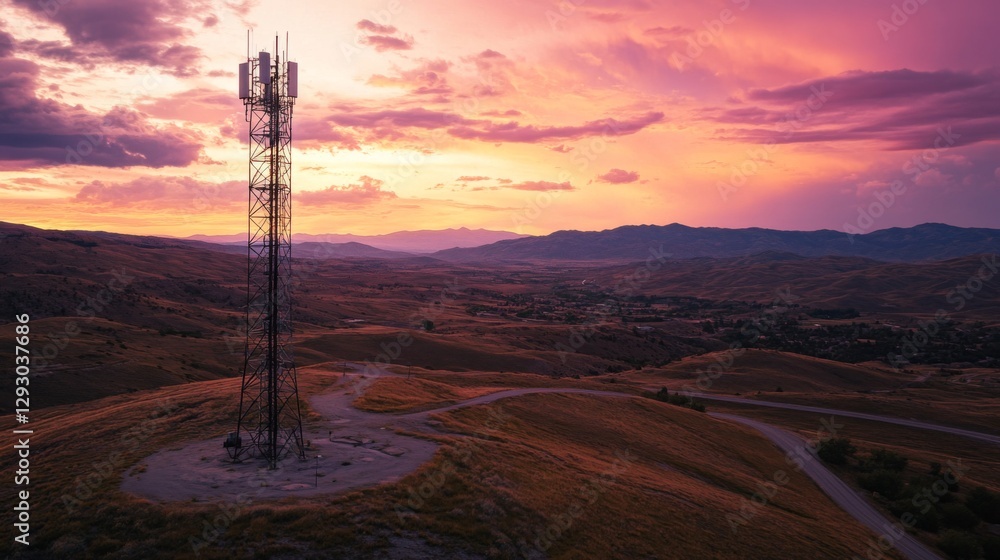 Poster A wide-angle view of a cell phone tower located on a hilltop, surrounded by scenic views, showcasing the tower's height and its role in enhancing connectivity.