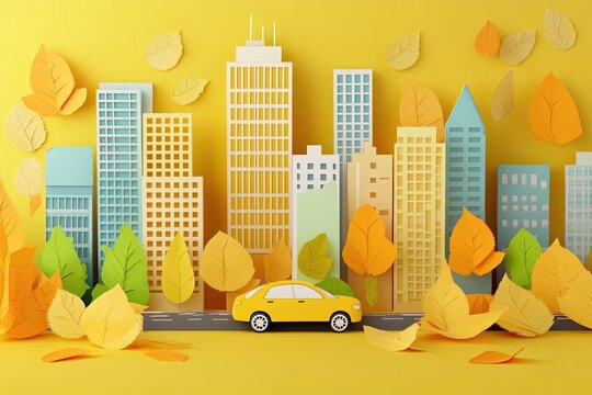 Autumn city scene with car
