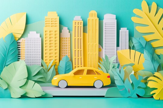 Colorful paper city scene with yellow car - Powered by Adobe