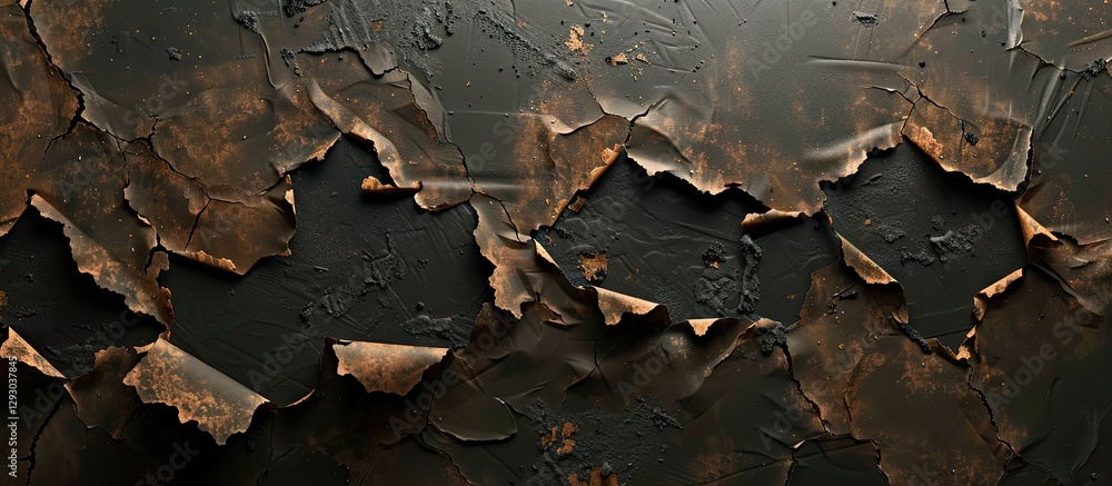 Poster textured abstract background featuring dark black and brown peeling paint, with irregularly shaped l