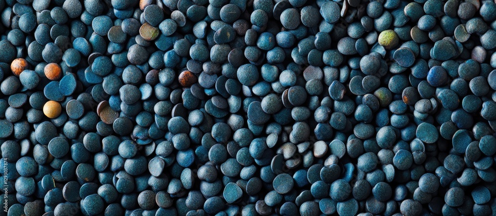 Poster raw black lentils scattered on a blue and turquoise gradient background, emphasizing the unique text