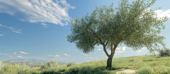 Serene landscape with a single olive tree against a clear blue sky showcasing soft white clouds and lush green grass in the foreground.
