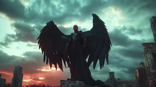 Dark Angel Lucifer on the Edge of a Ruined Celestial City