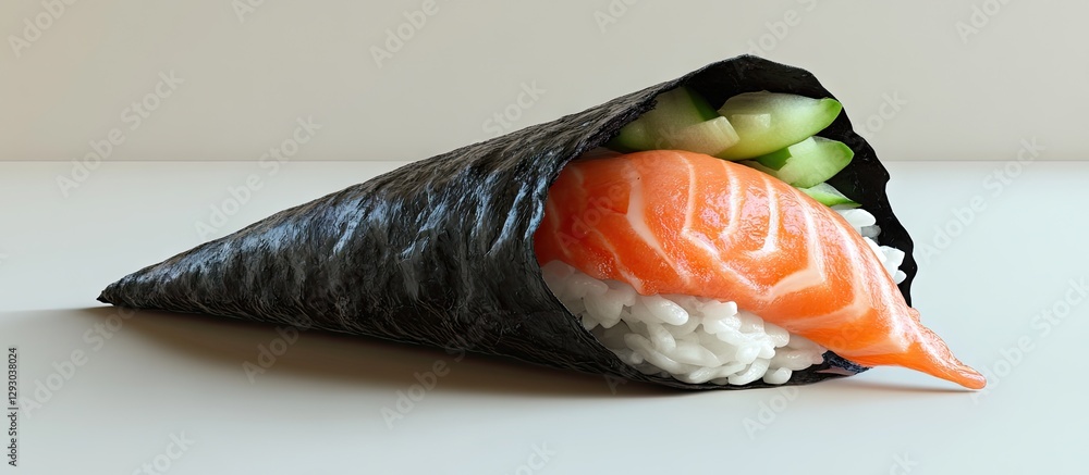 Poster fresh salmon temaki sushi in black nori cone with succulent pink salmon fillet and crunchy cucumber 