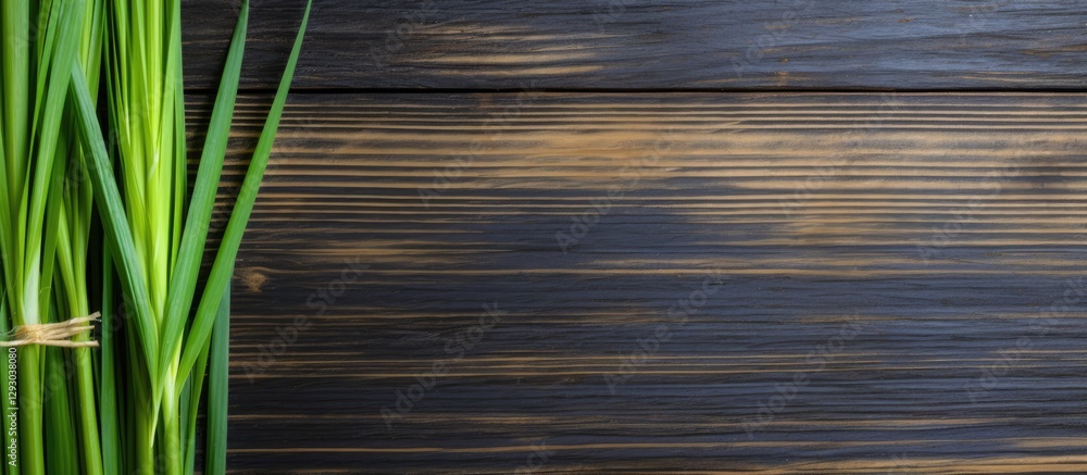 Aufkleber fresh green lemon grass on a dark wooden background with textured planks highlighting the vibrant co