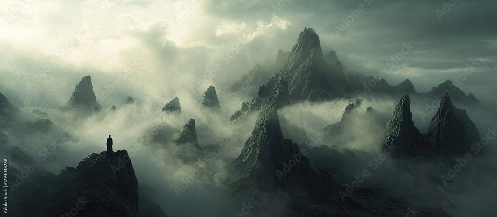 Poster misty mountain silhouettes with dark green tones, towering peaks shrouded in fog and clouds creating