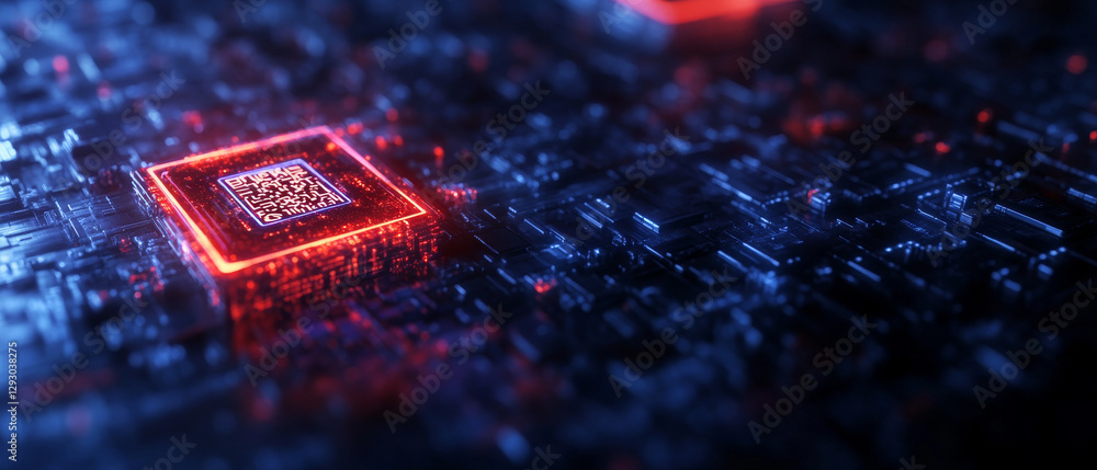 Aufkleber futuristic digital circuit with glowing microchips and qr code design