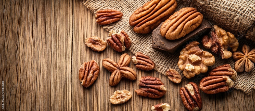Poster Nuts and chocolate assortment on wooden background with burlap texture featuring pecans walnuts and chocolate pieces placed on the left side