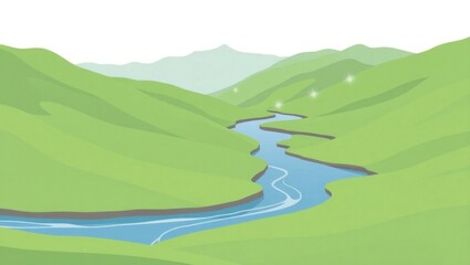 Flowing River Cutting Through a Verdant Valley with Clean Vector Lines and Bold Color Contrasts in Flat Illustration
