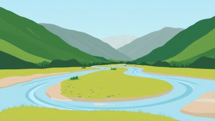 Flowing River Cutting Through a Verdant Valley with Clean Vector Lines and Bold Color Contrasts in Flat Illustration