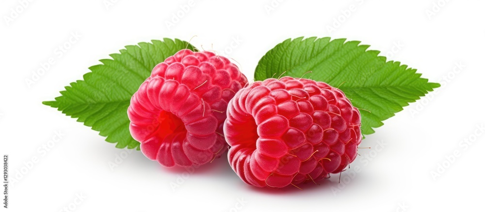 Poster fresh ripe raspberries with vibrant red color positioned side by side on a white background, complem