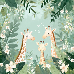 Obraz premium Three cute giraffes surrounded by lush greenery and flowers, creating serene and joyful atmosphere. Perfect for children decor or nature themed designs