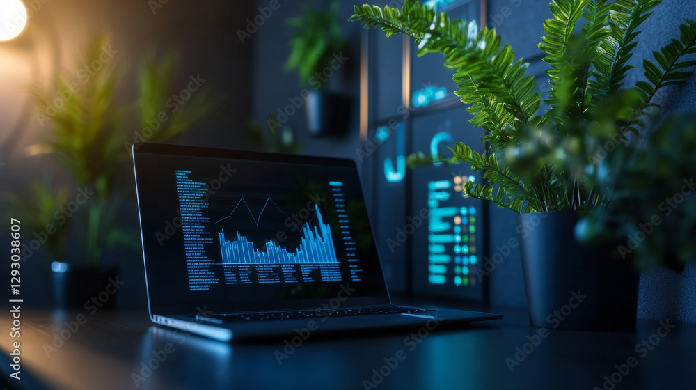 Poster modern office desk setup featuring laptop displaying data analytics, surrounded by greenery. sleek d