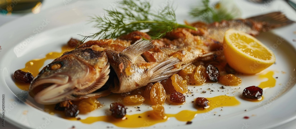 Poster culinary presentation of grilled carp garnished with lemon wedges and dill, surrounded by raisins on