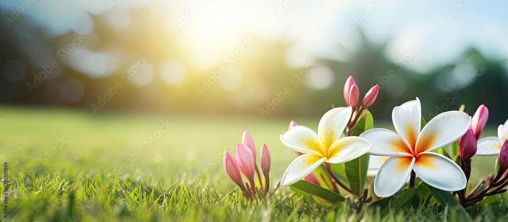 Aufkleber tropical leelavadee plumeria flowers in soft focus on green grass field with sunlight creating a war
