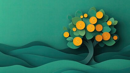 Money tree grows in teal landscape