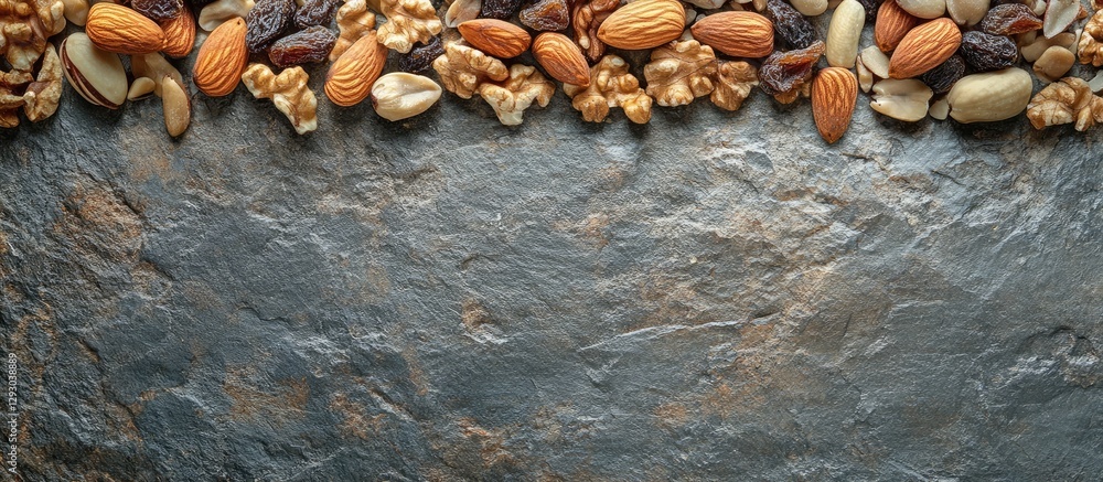 Poster assorted nuts and dried fruits arranged along the top edge of a textured dark stone surface with nat