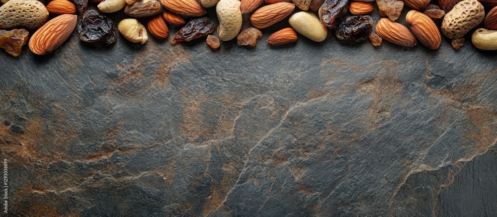 Poster assorted nuts and dried fruits arranged on a textured dark stone surface with a mix of brown, cream,
