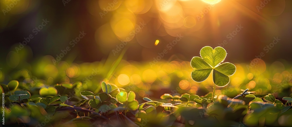 Poster clover leaf close-up bathed in warm lens flare light with soft bokeh background and ample copy space