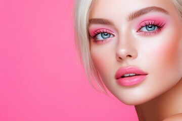 Fototapeta premium Blonde model showing pink makeup on pink background