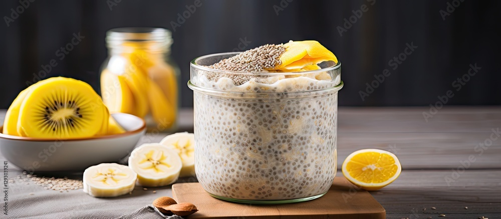 Aufkleber banana chia pudding in a glass jar topped with banana slices and lemon with yellow fruits on a gray 