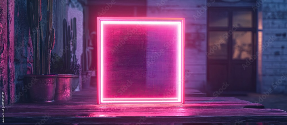 Aufkleber Neon square light frame glowing in vibrant pink positioned on rustic wooden table with soft background lighting ideal for promotional marketing visuals