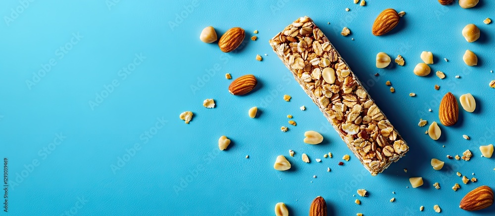 Poster nutty energy bar topped with assorted nuts and scattered granola pieces, positioned centrally on a v