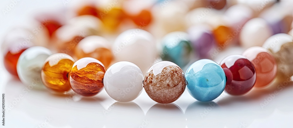 Aufkleber Vibrant assortment of multicolored natural stone beads arranged in a circular pattern with soft focus highlights and reflections on a light background.