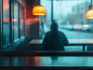 lone figure sits in diner, rain hitting window, creating moody atmosphere. soft glow of lamps contrasts with dreary weather outside