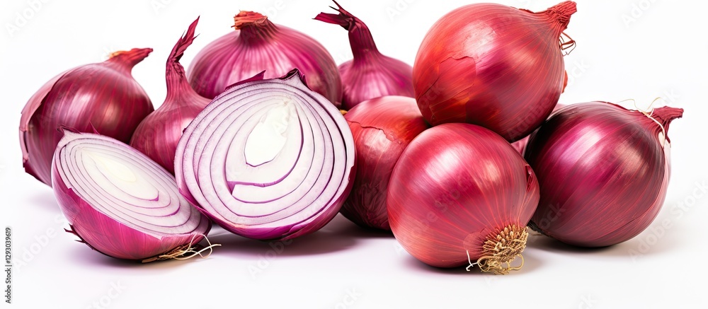 Poster fresh red onions arranged artfully with whole and sliced sections showcasing rich purple hues on a p