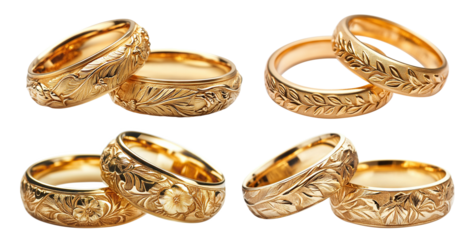Set of engraved gold wedding rings, isolated on transparent cutout background