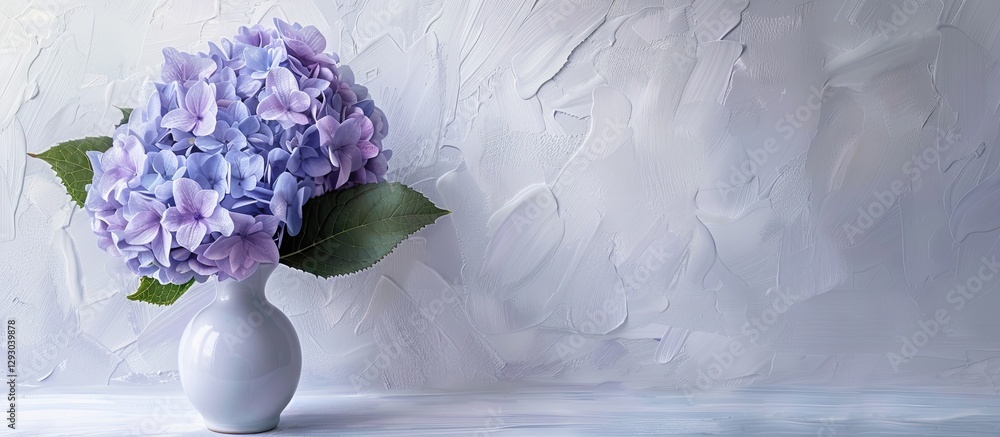 Aufkleber delicate blue violet lilac hydrangea flower in a white vase positioned on the right against a soft w