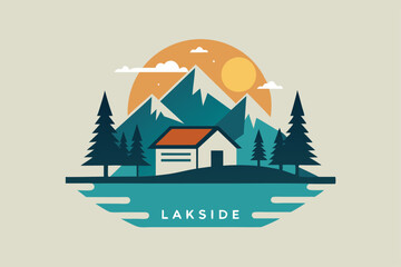 A minimalist logo captures the essence of a serene lakeside resort surrounded by mountains and trees, Design a minimalist logo for a lakeside resort that exudes tranquility