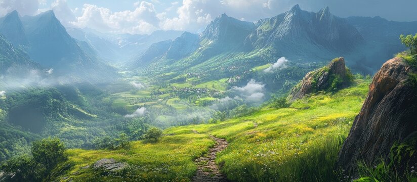Lush green hills with a winding dirt path through valleys under a bright blue sky, mountains looming in the distance, soft clouds scattered above.