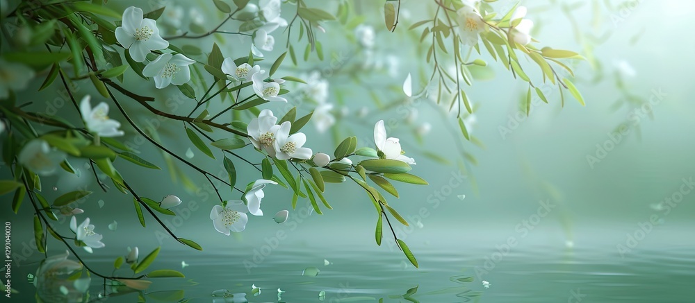 Aufkleber tranquil spring scene featuring soft green willow leaves and delicate pear blossoms with gentle refl