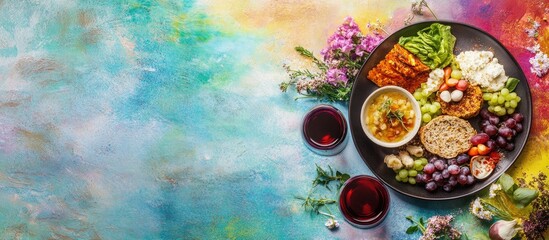 Colorful Passover Seder plate beautifully arranged with traditional foods, red wine, and vibrant flowers against a soft gradient background.