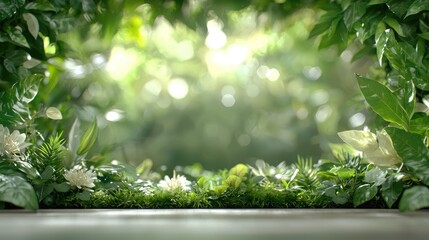 Lush greenery frame, sunlight bokeh background, garden scene, product display