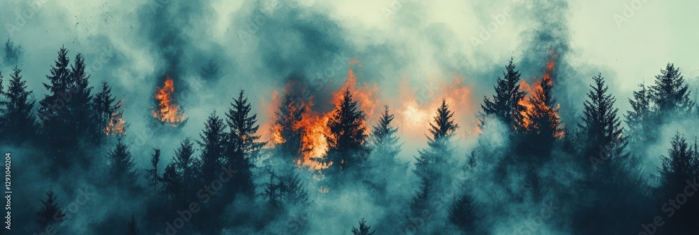 Poster forest engulfed in fire with thick smoke clouds filling the sky and warm glowing flames illuminating