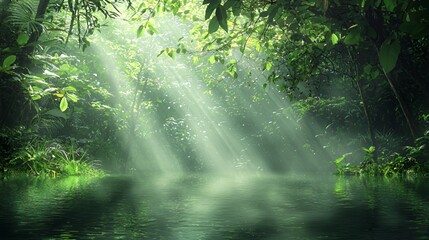 Obraz premium Sunbeams filtering through lush green forest canopy onto calm water