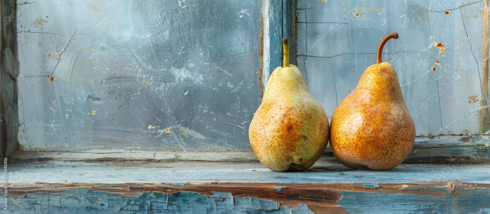 Poster Serene rustic still life image of two large golden pears on a weathered blue window sill with a misty surface and ample copy space for text