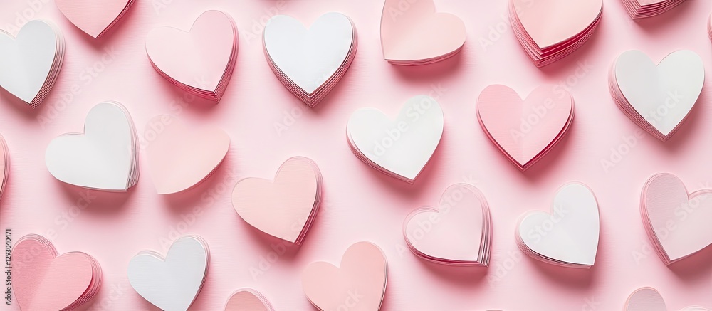 Aufkleber colorful paper hearts in varying shades of pink and white scattered on a soft pink background, creat