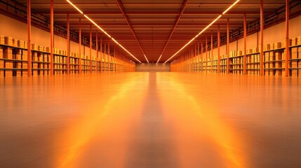 A spacious warehouse illuminated with warm orange light, featuring long aisles and shelves, creating a serene and expansive atmosphere.cargo management warehouse scheduling