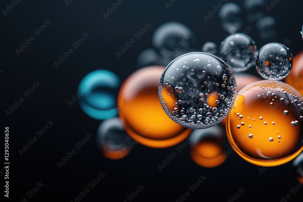 Poster Colorful bubbles floating and reflecting light on dark background