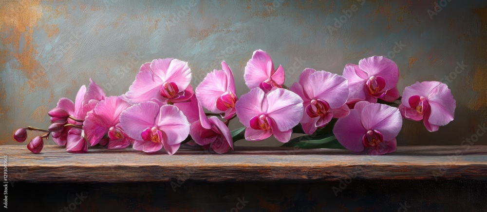 Poster vibrant pink orchids elegantly arranged on a rustic wooden surface against a soft, muted background 