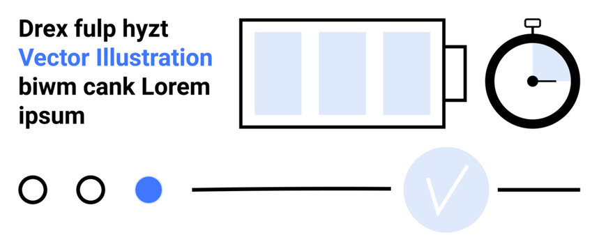 Abstract battery with three segments, a stopwatch, and a checkmark icon. Accompanied by lorem ipsum text and simple geometric shapes in black and blue. Ideal for tech, time management, efficiency